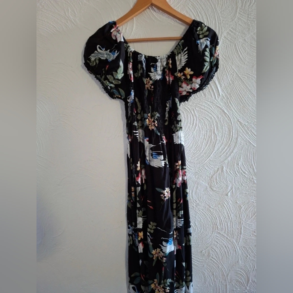 Black Floral & Crane Off-Shoulder Maxi Dress